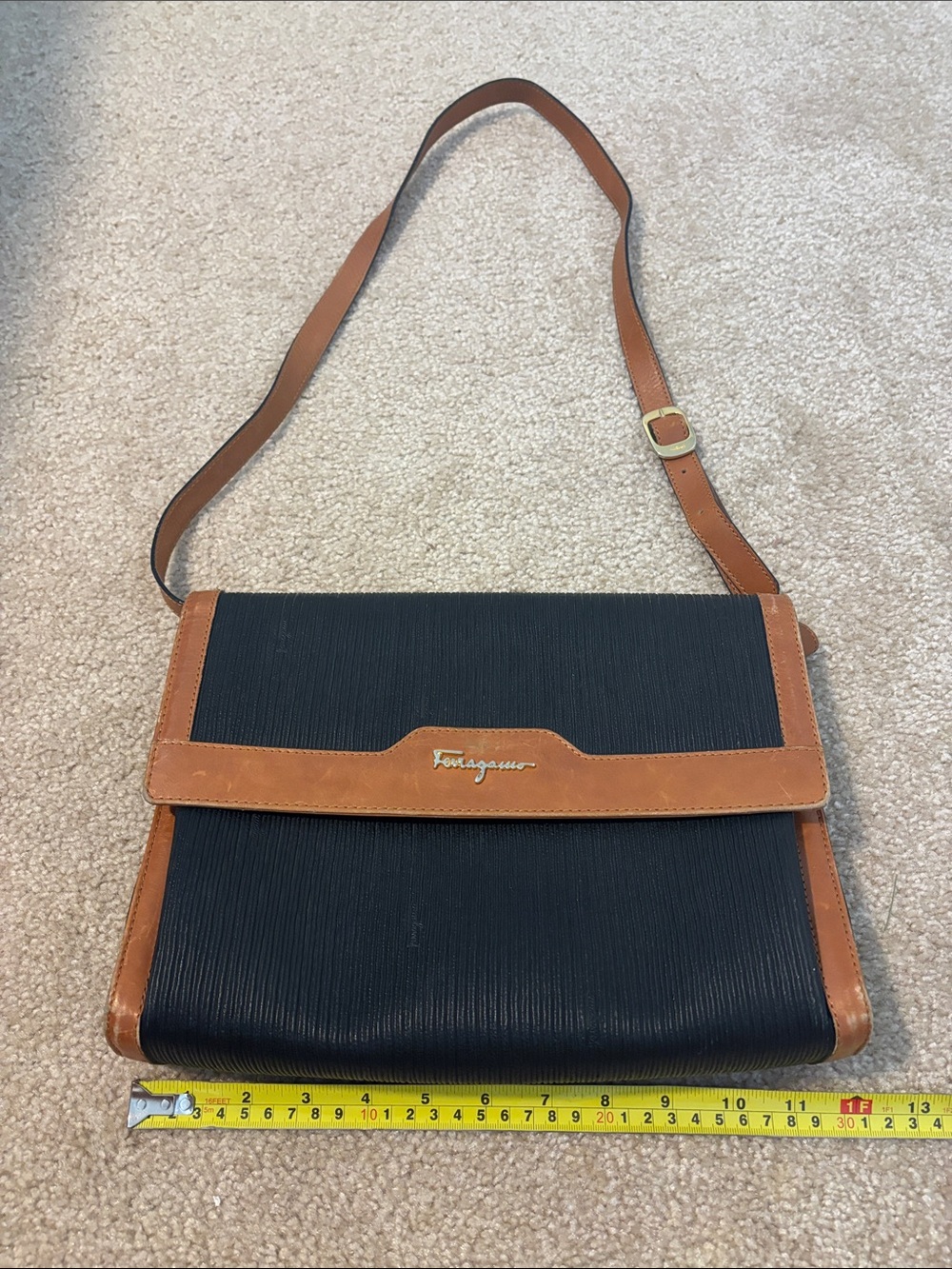 Vintage versatile Salvatore Ferragamo Black/Tan Leather-Trim Shoulder/clutch Bag